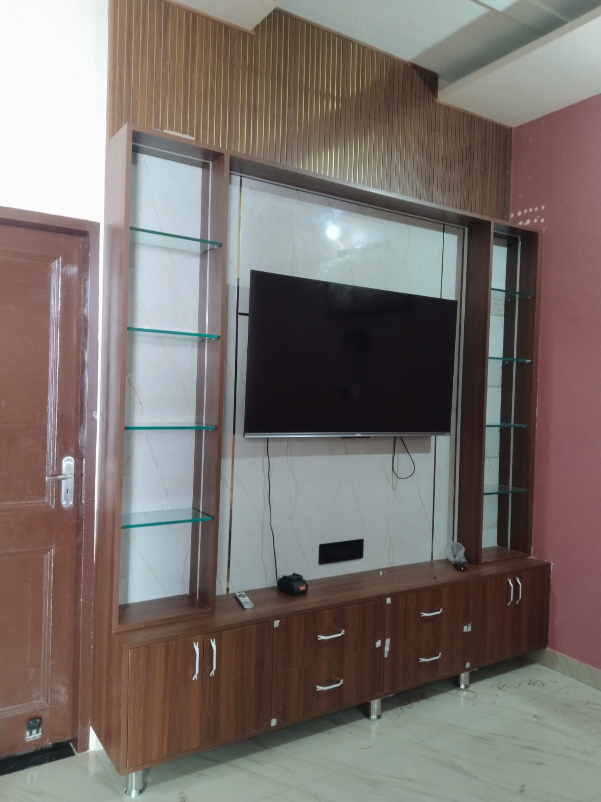 The TV wall in daylight with the accent lighting switched off